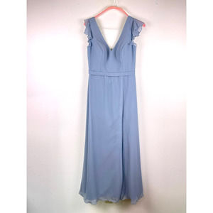 Azazie Claudine Steel Blue V Neck Chiffon Ruffle Sleeve A Line Long Dress